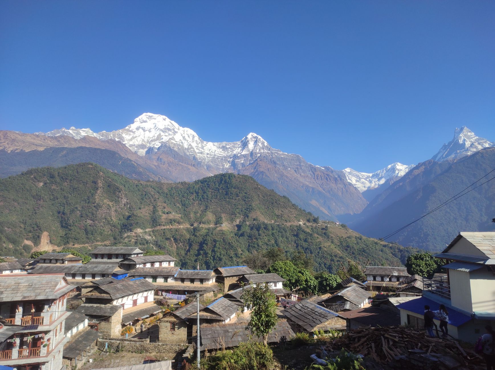 Traditional Gurung village houses in Ghandruk with Annapurna mountains in the background
